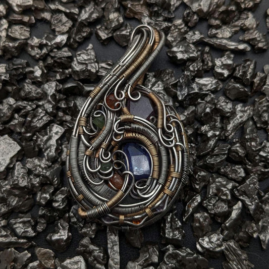 Wire Wrap Pendant with Tanzanite, Ruby, Garnet in Sterling Silver and 14/20 Gold Fill