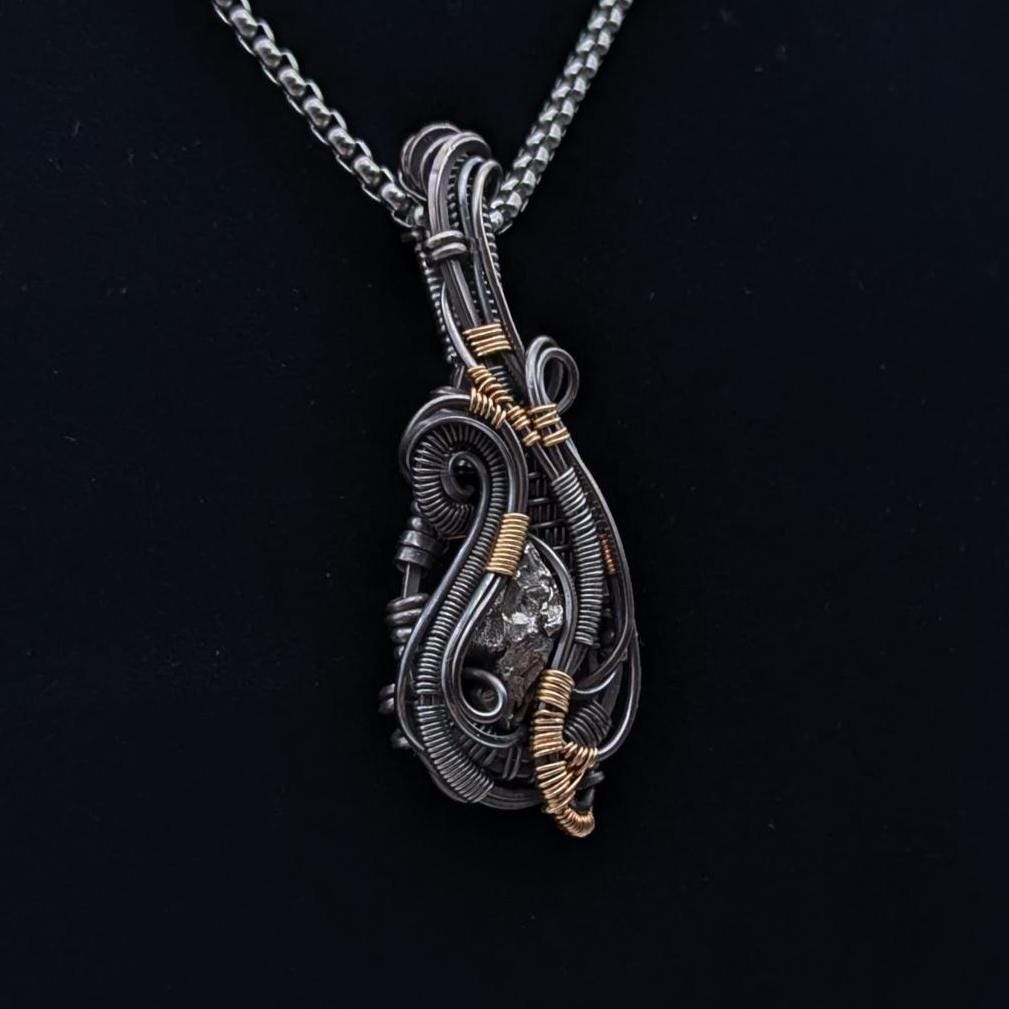 Campo del Cielo Meteorite Pendant in Sterling Silver and 14/20 Gold Fill Accents