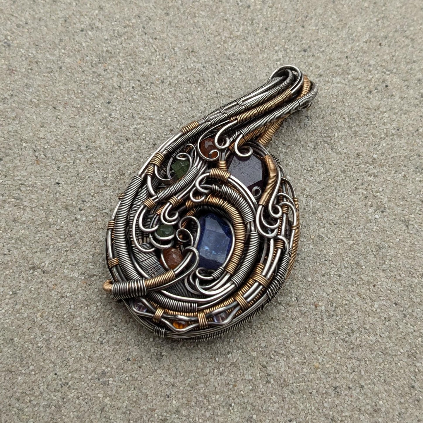 Wire Wrap Pendant with Tanzanite, Ruby, Garnet in Sterling Silver and 14/20 Gold Fill
