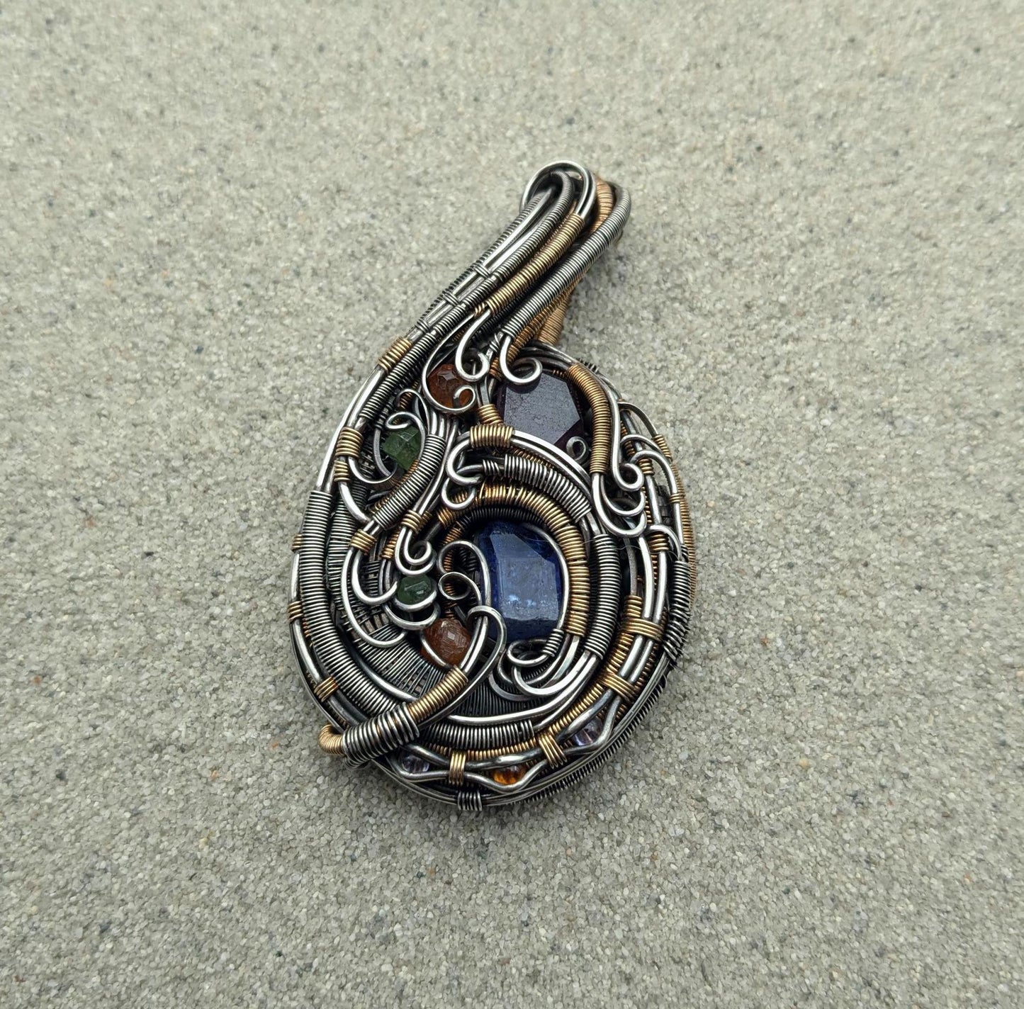 Wire Wrap Pendant with Tanzanite, Ruby, Garnet in Sterling Silver and 14/20 Gold Fill