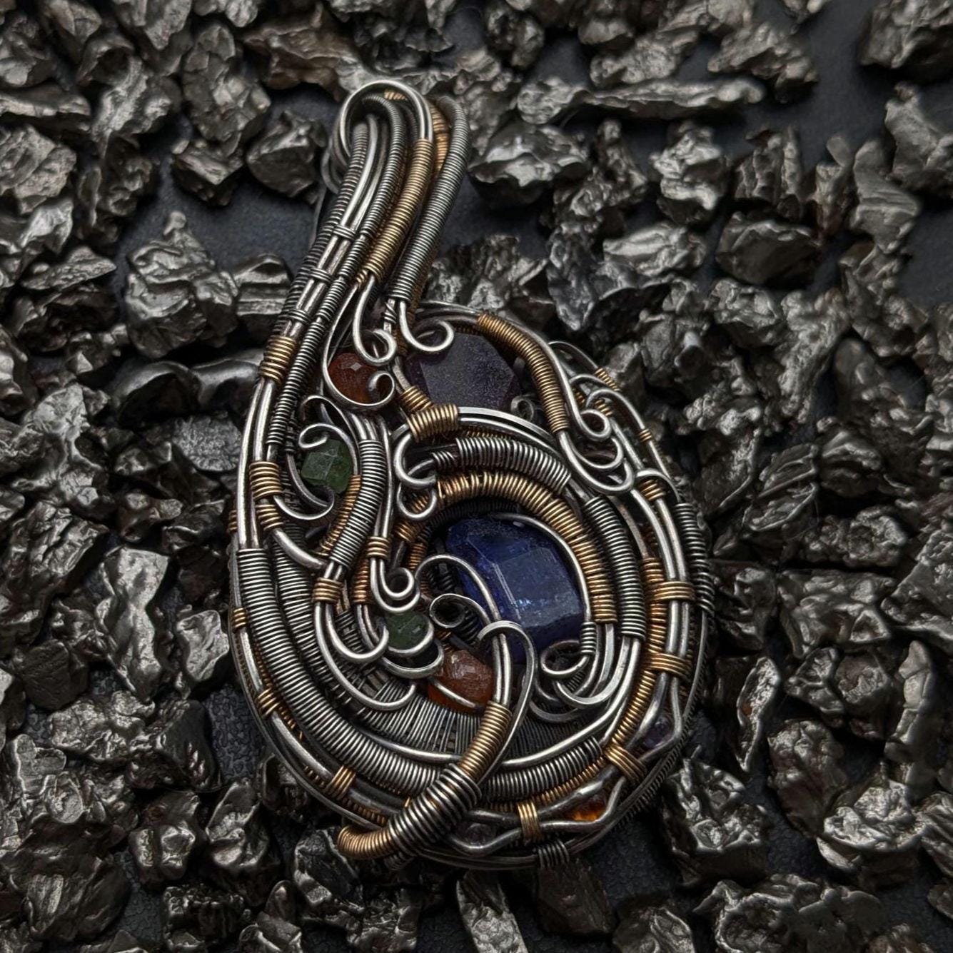Wire Wrap Pendant with Tanzanite, Ruby, Garnet in Sterling Silver and 14/20 Gold Fill