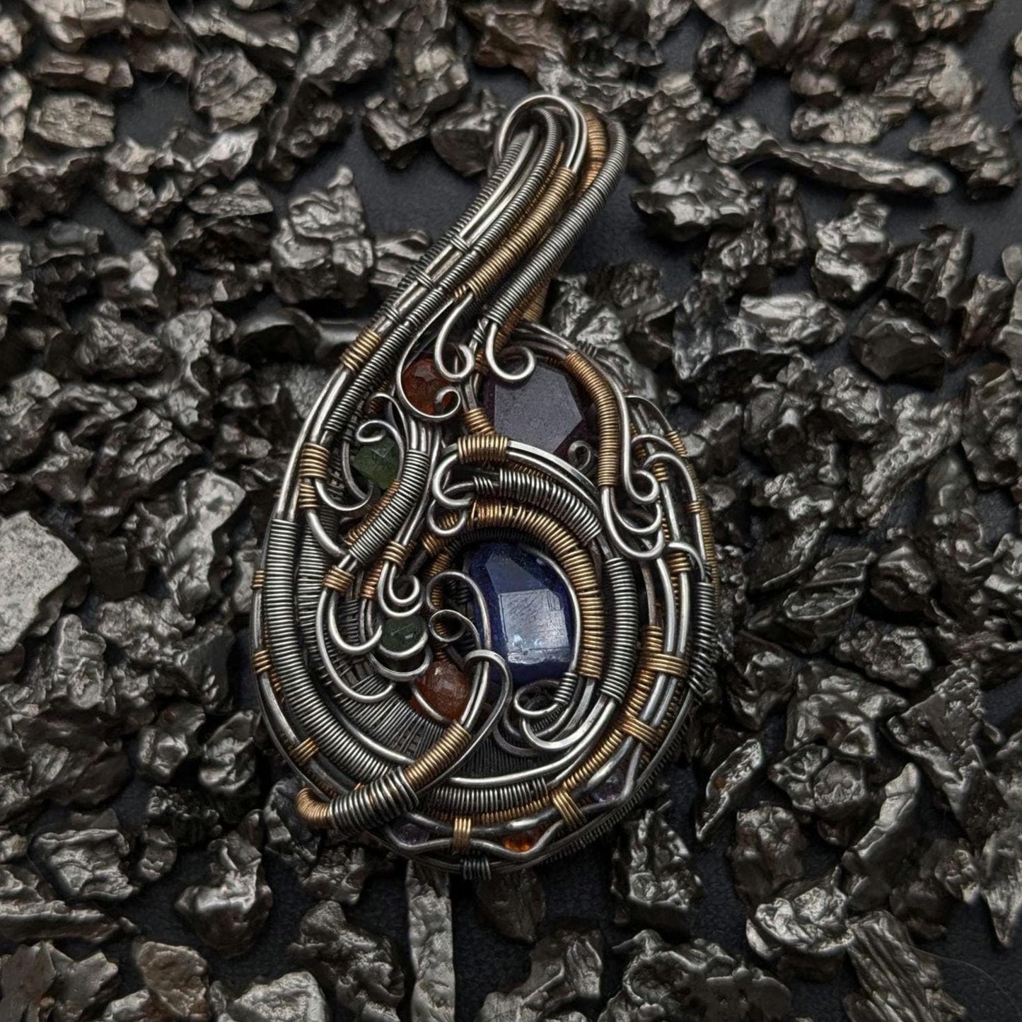 Wire Wrap Pendant with Tanzanite, Ruby, Garnet in Sterling Silver and 14/20 Gold Fill