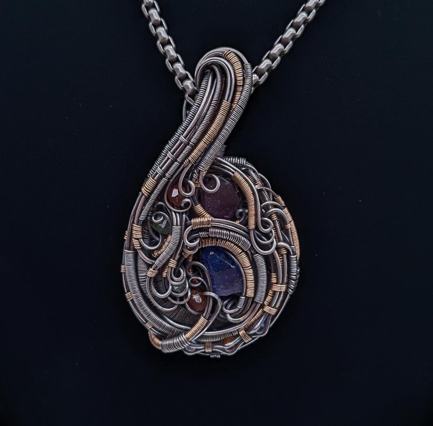 Wire Wrap Pendant with Tanzanite, Ruby, Garnet in Sterling Silver and 14/20 Gold Fill