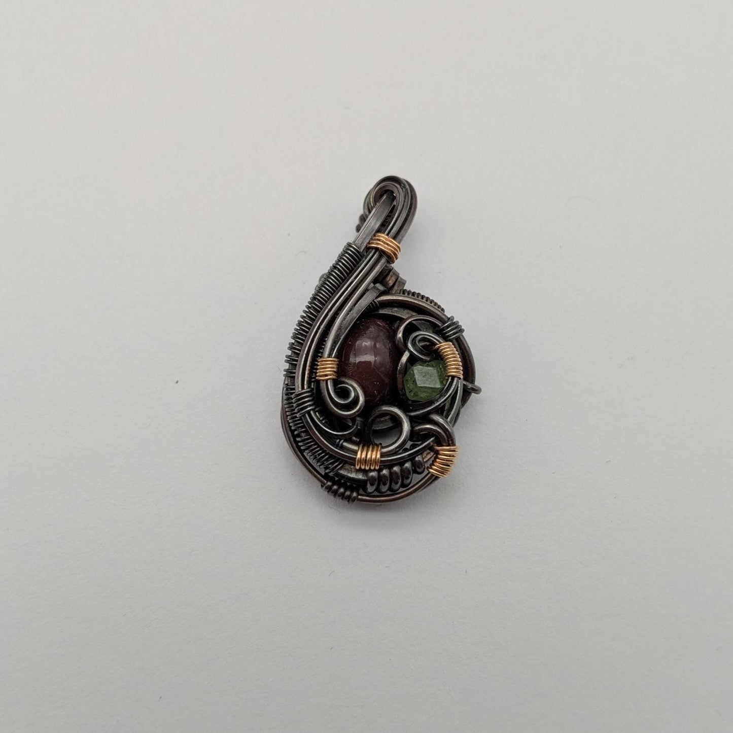 Smoked Opal & Demantoid Garnet Pendant: Sterling Silver, Gold Fill Wire Wrapped Jewelry