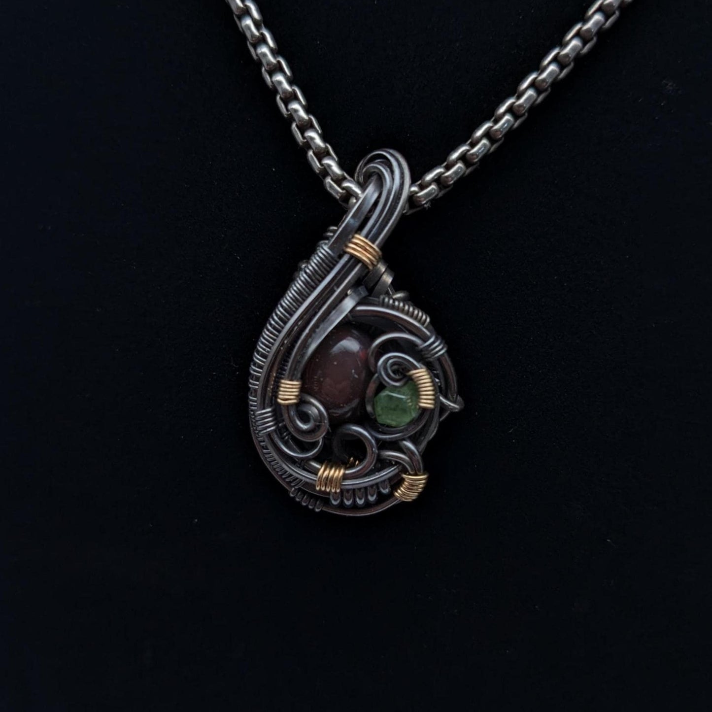 Smoked Opal & Demantoid Garnet Pendant: Sterling Silver, Gold Fill Wire Wrapped Jewelry