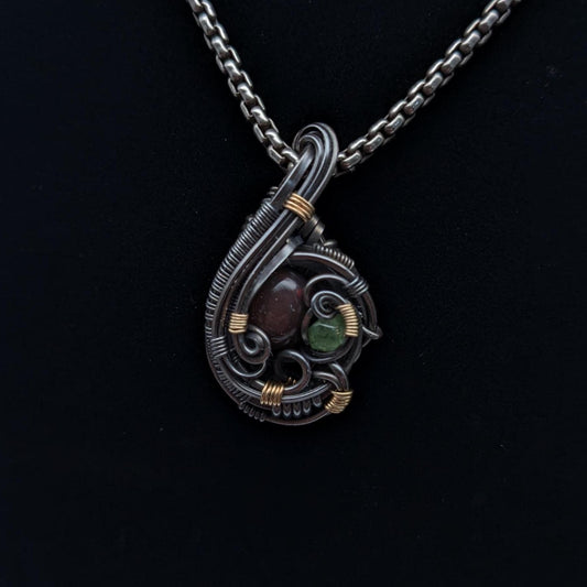 Smoked Opal & Demantoid Garnet Pendant: Sterling Silver, Gold Fill Wire Wrapped Jewelry