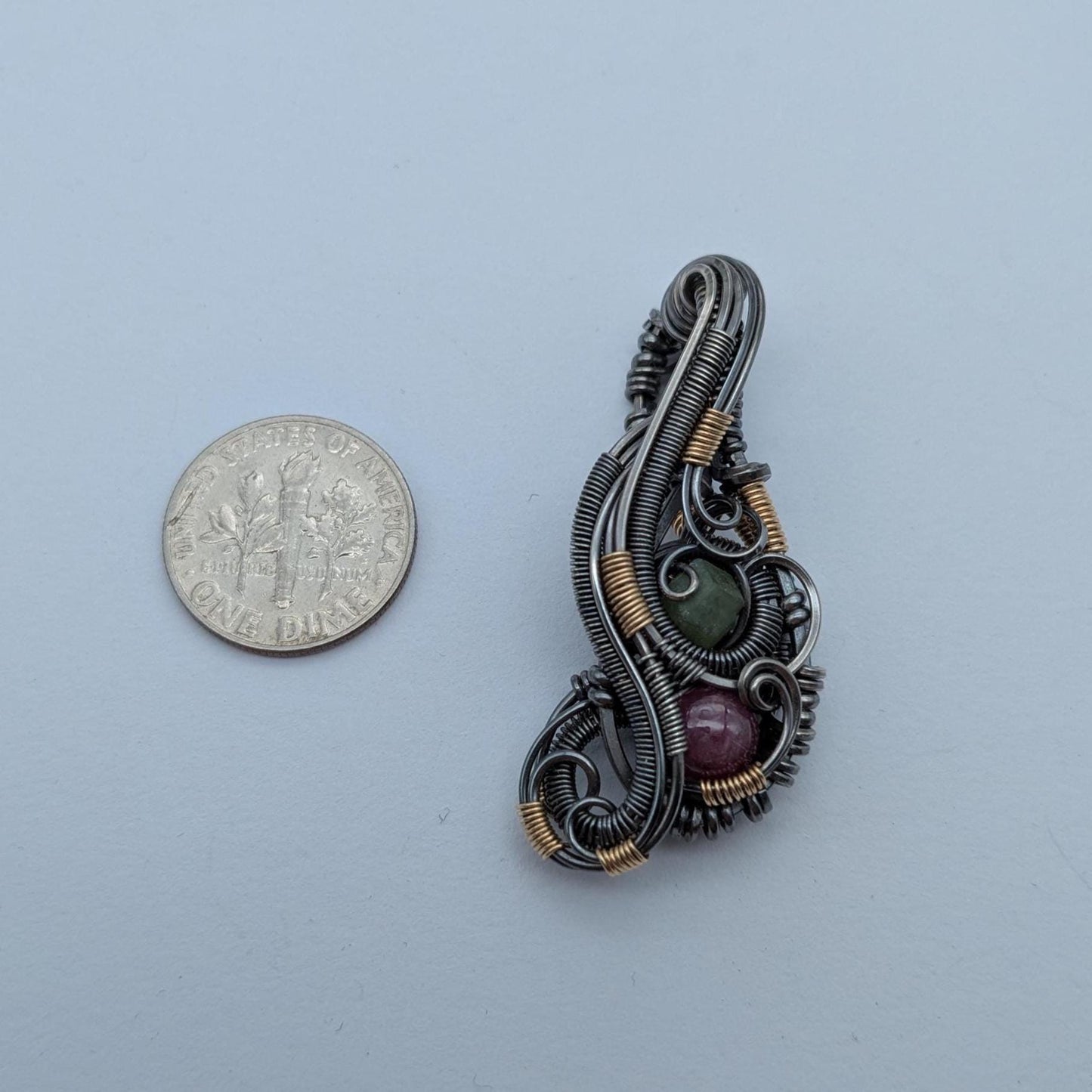 Ruby and Demantoid Garnet Wire Wrap Pendant, Sterling Silver Gold Fill