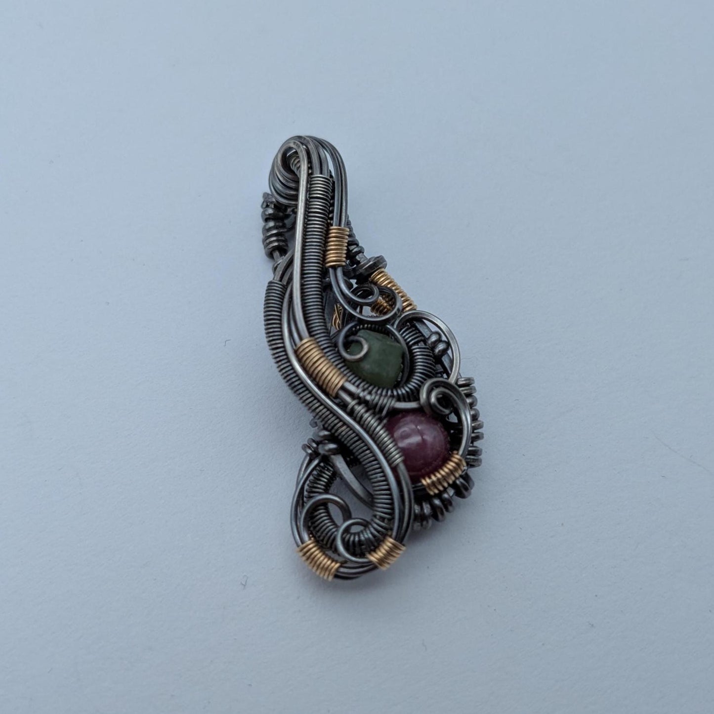 Ruby and Demantoid Garnet Wire Wrap Pendant, Sterling Silver Gold Fill