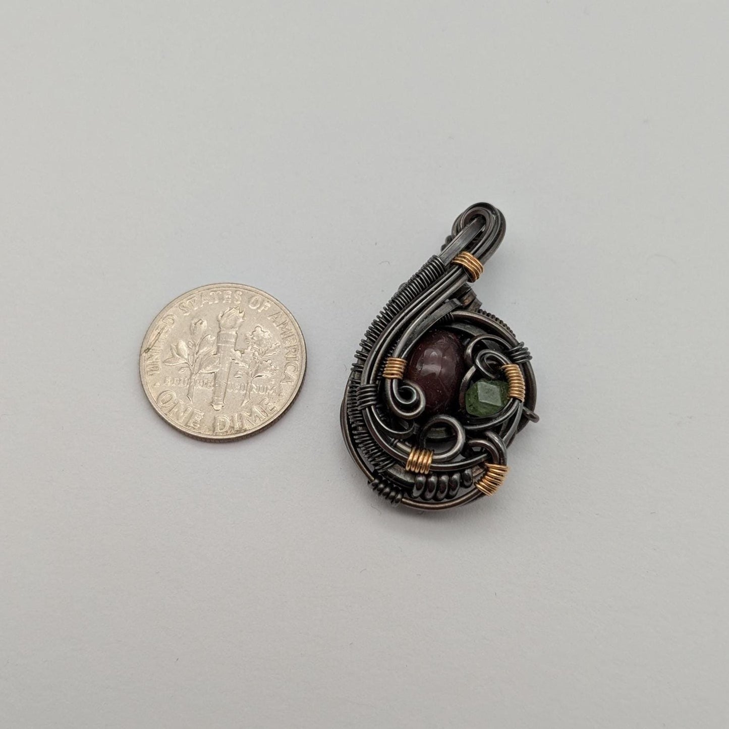 Smoked Opal & Demantoid Garnet Pendant: Sterling Silver, Gold Fill Wire Wrapped Jewelry