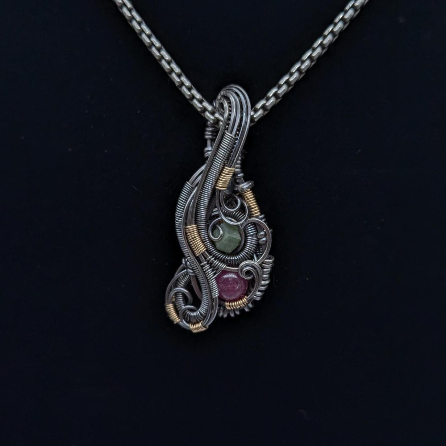 Ruby and Demantoid Garnet Wire Wrap Pendant, Sterling Silver Gold Fill