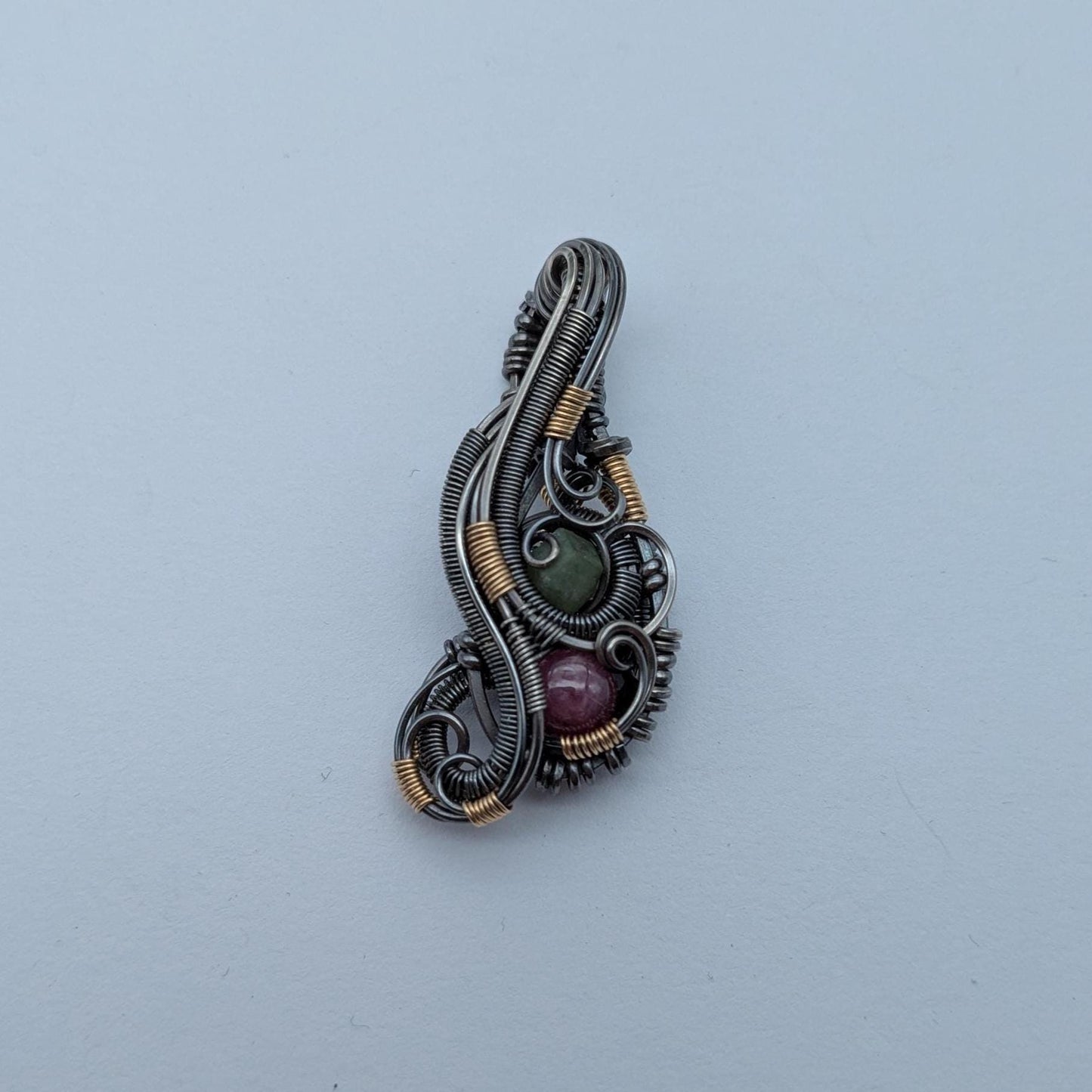 Ruby and Demantoid Garnet Wire Wrap Pendant, Sterling Silver Gold Fill