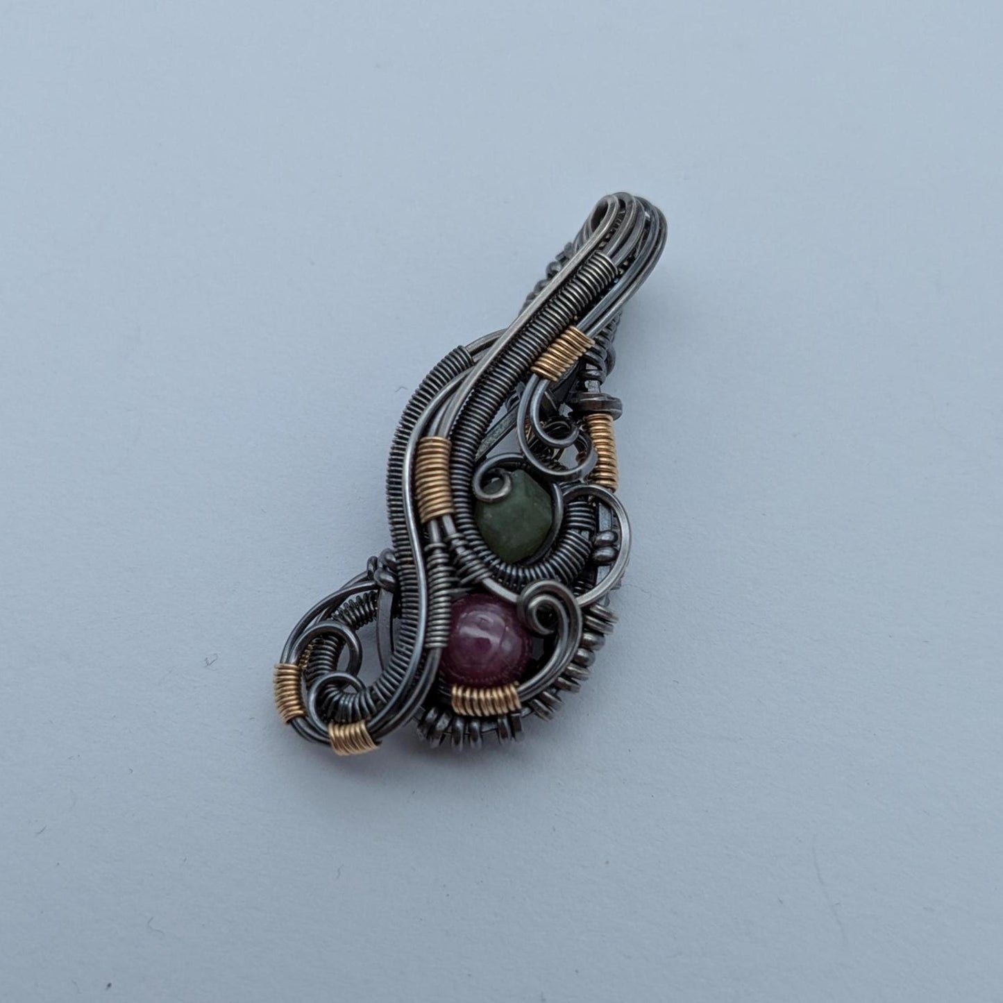 Ruby and Demantoid Garnet Wire Wrap Pendant, Sterling Silver Gold Fill